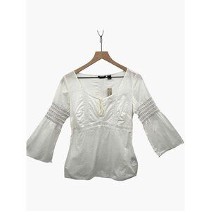 American Eagle Outfitters Womens White Peasant Top With Smocked Sleeves & Lace